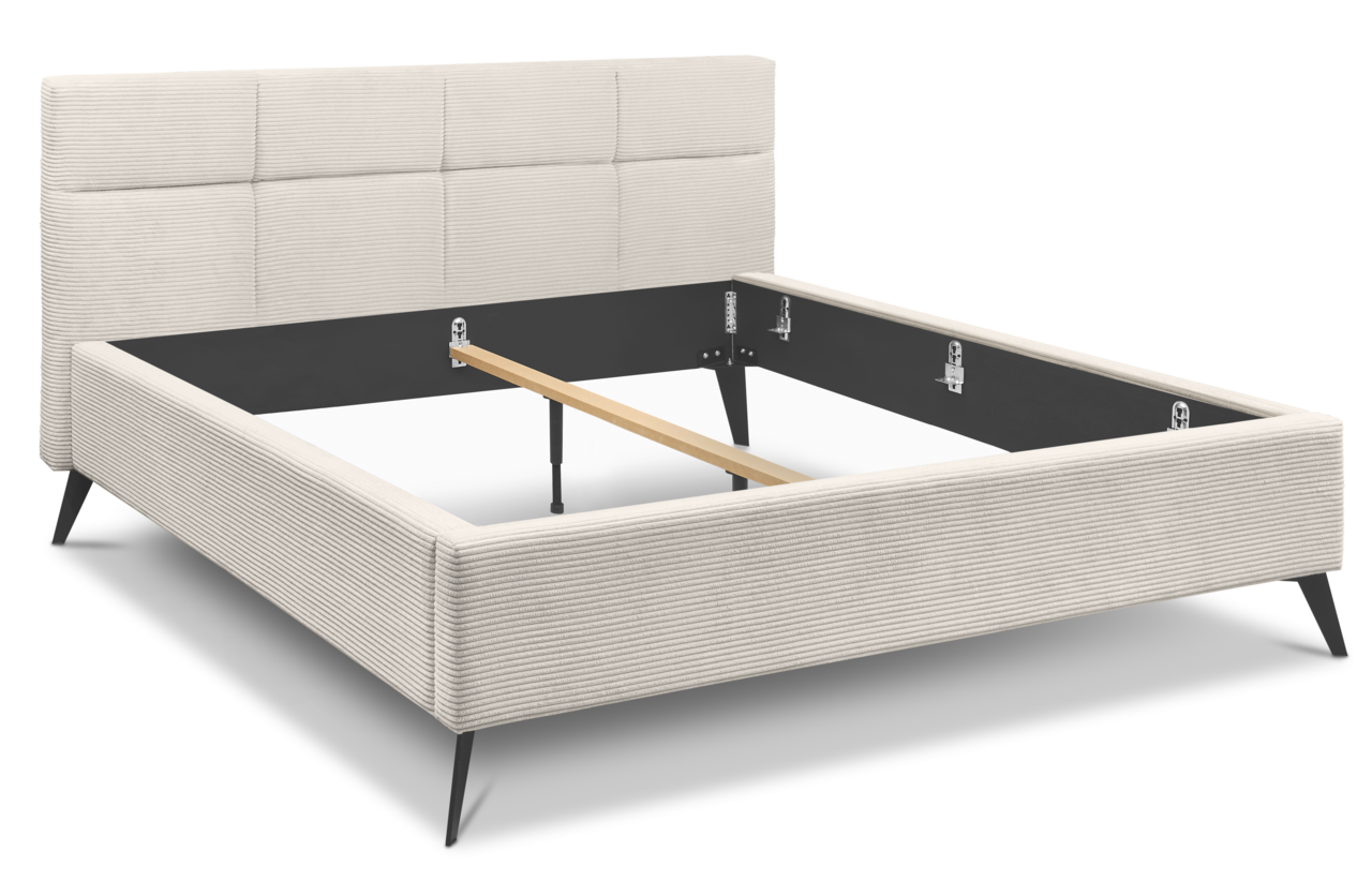 Modernes Polsterbett mit gestepptem Kopfteil und schrägen Beinen, seitliche Perspektive