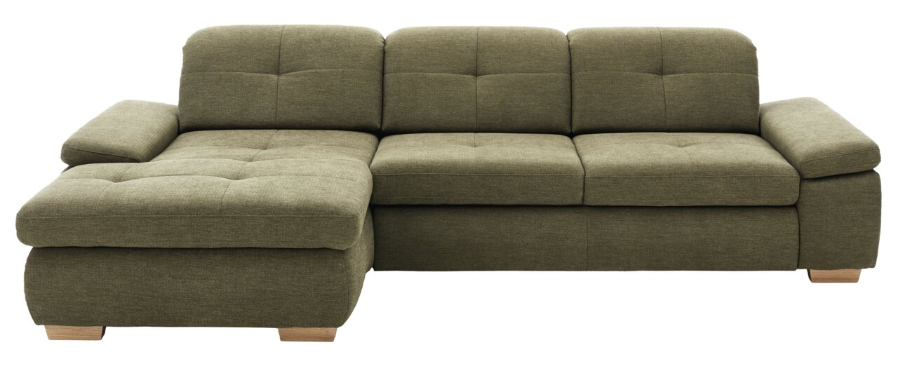 Groene longchair-set met drie zitplaatsen en een linkerarmleuning, vooraanzicht