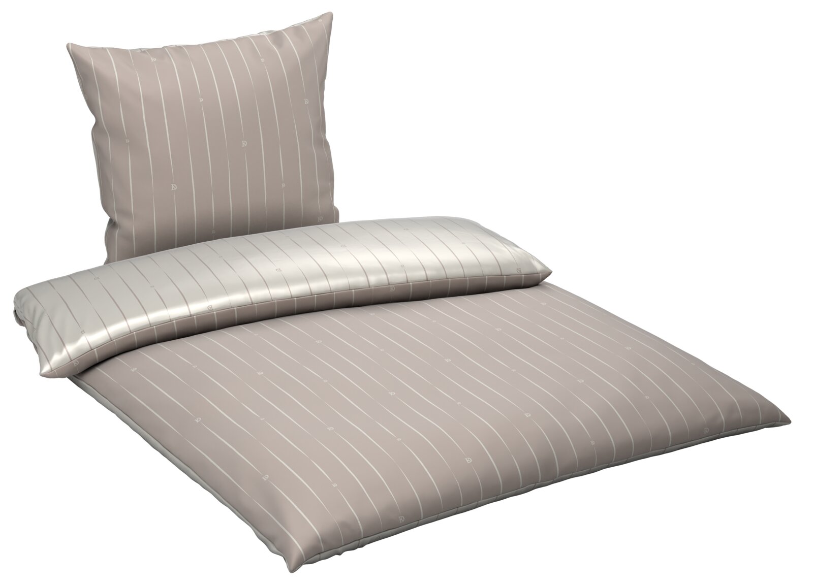 Wendebettwäsche mit dezentem Streifenmuster in Beige und Weiß, perspektivisch von schräg oben fotografiert.