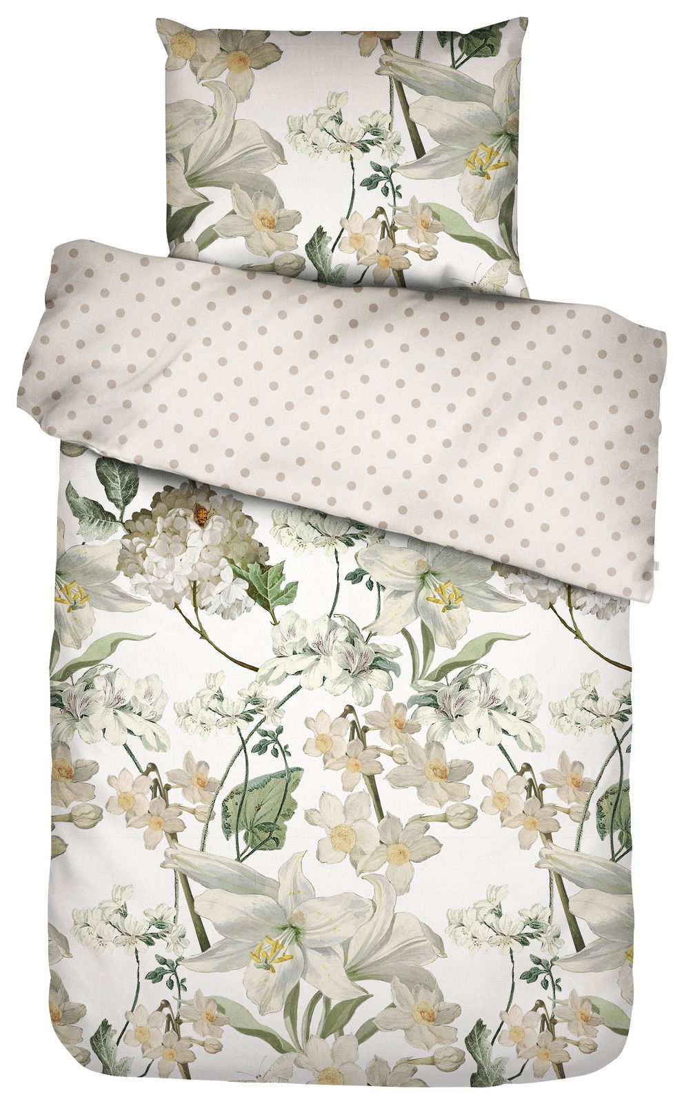 Essenza Home Bettwäsche ROSALEE Bettwäsche-Set mit floralem Muster und gepunkteter Rückseite, Draufsicht