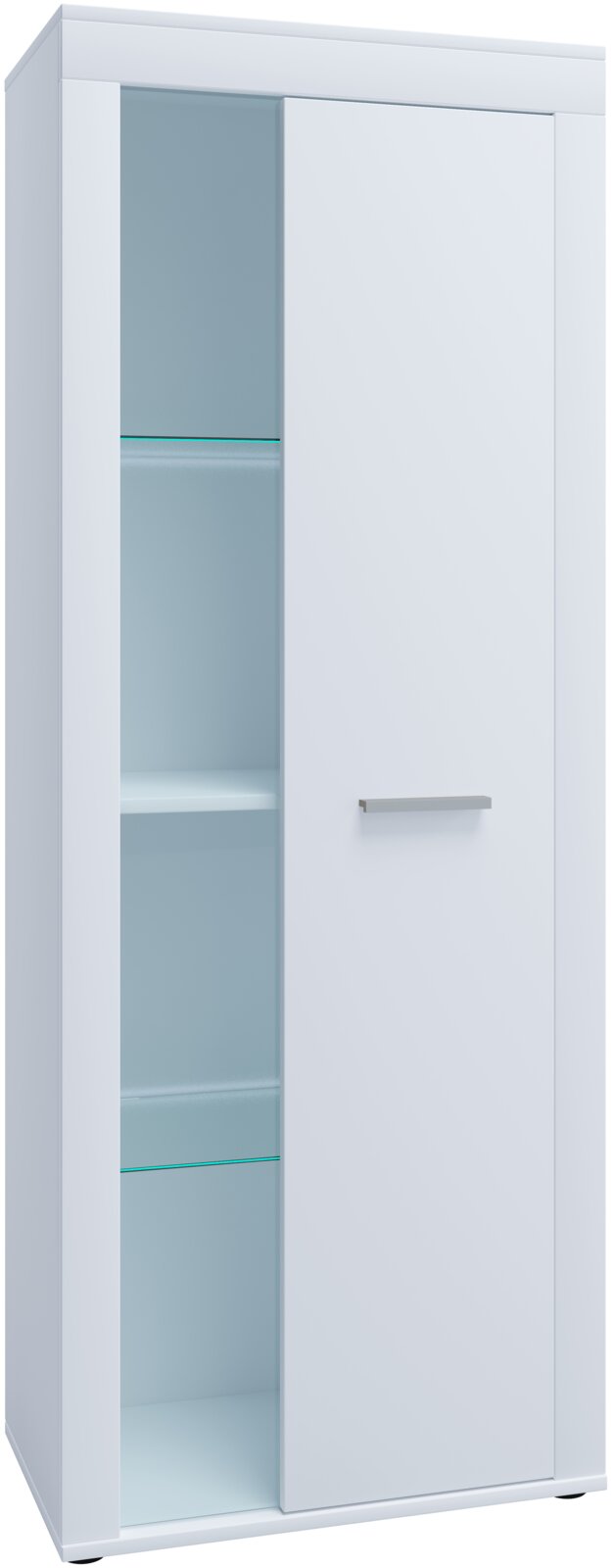 VCM Vitrine USILO Weißer Hochschrank/Vitrine mit teilgeöffneter Tür und sichtbaren Glasböden, Frontansicht in leichter Seitenperspektive