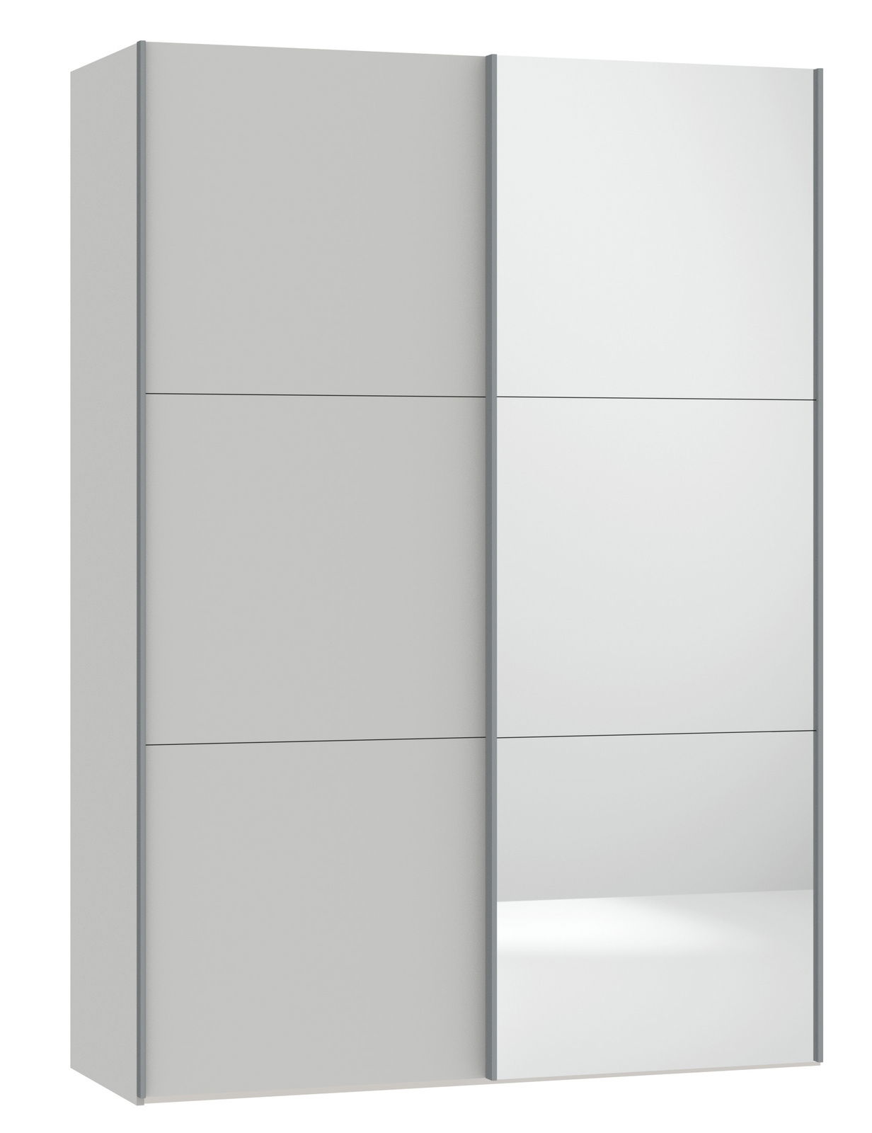 Moderner Schwebetürenschrank mit zwei Türen, eine davon mit Spiegel, in Frontalansicht.