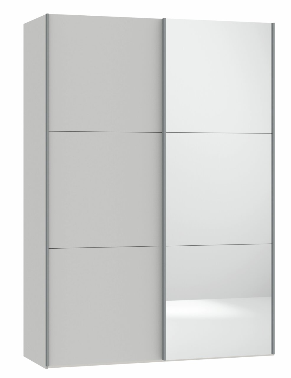 Moderner Schwebetürenschrank mit zwei Türen, eine davon mit Spiegel, in Frontalansicht.