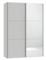 Moderner Schwebetürenschrank mit zwei Türen, eine davon mit Spiegel, in Frontalansicht.