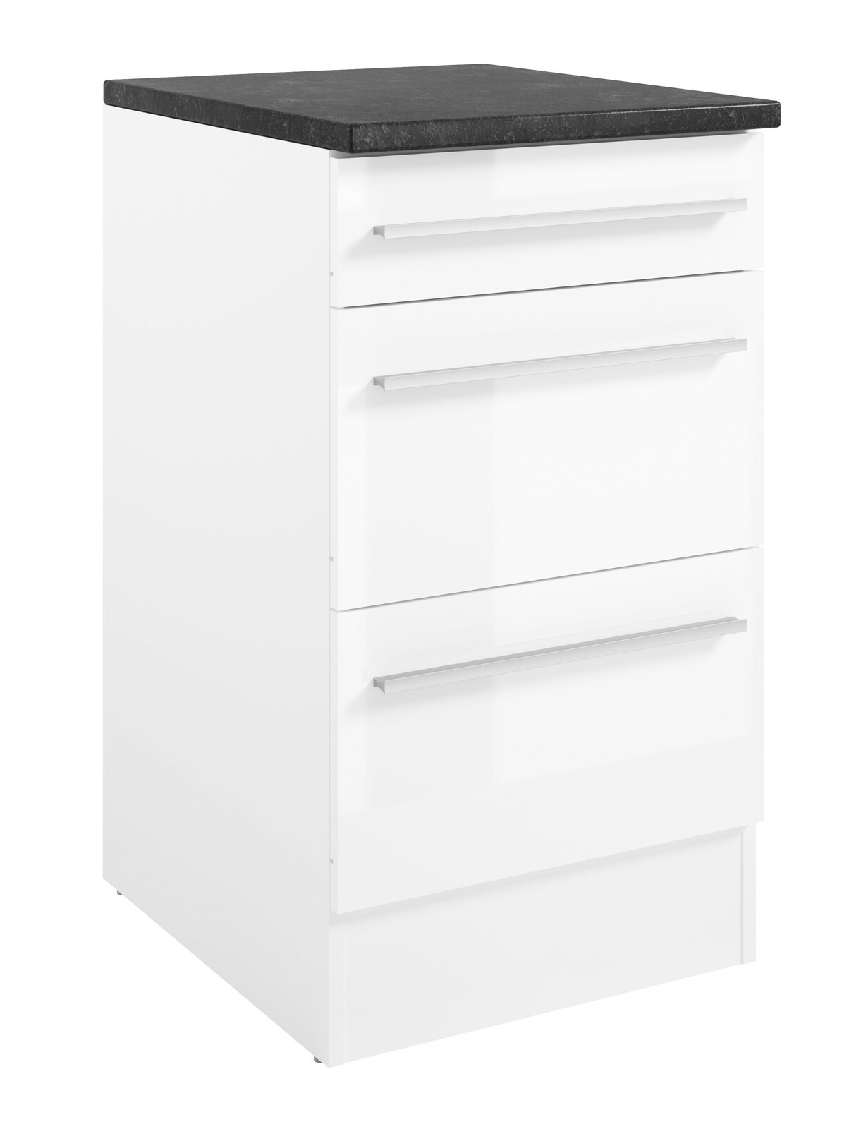 Yourkitchen Unterschrank JAZZ Weißer Unterschrank mit drei Schubladen und schwarzer Arbeitsplatte, perspektivisch von vorne links fotografiert.