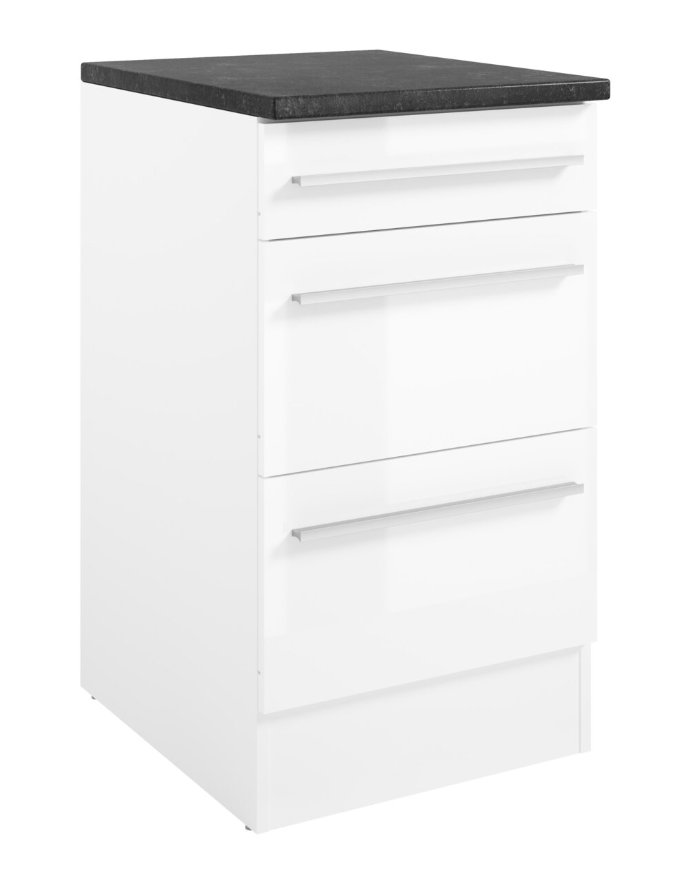 Yourkitchen Unterschrank JAZZ Weißer Unterschrank mit drei Schubladen und schwarzer Arbeitsplatte, perspektivisch von vorne links fotografiert.