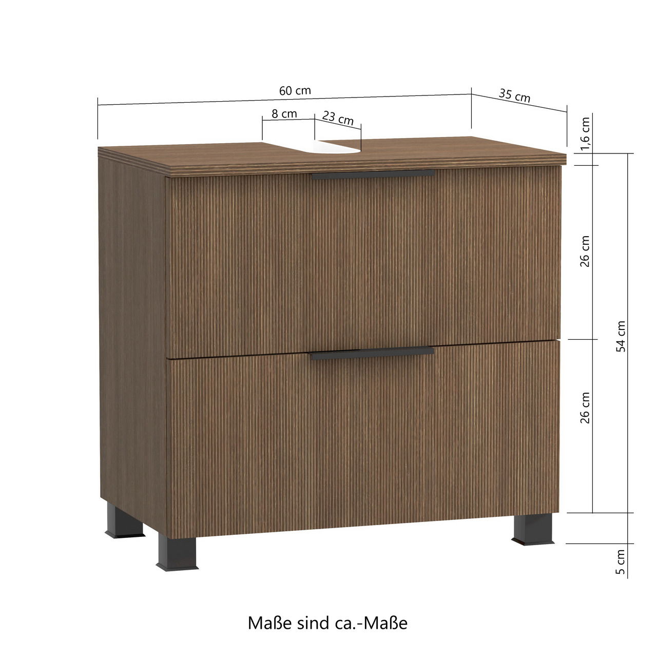 Waschbeckenunterschrank in Holzoptik mit zwei Schubladen, Frontansicht