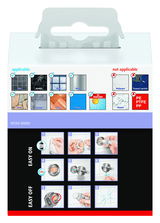 Verpackung des tesa MOON BLACK Bademantelhakens, Vorderansicht. Geeignet für Fliesen, Marmor, Glas, Metall, Stein, Zement, Holz und Kunststoff. Nicht geeignet für Tapeten, Emaille, PE, PTFE, PP und Putz. Einfache Montage und Demontage ohne Bohren.