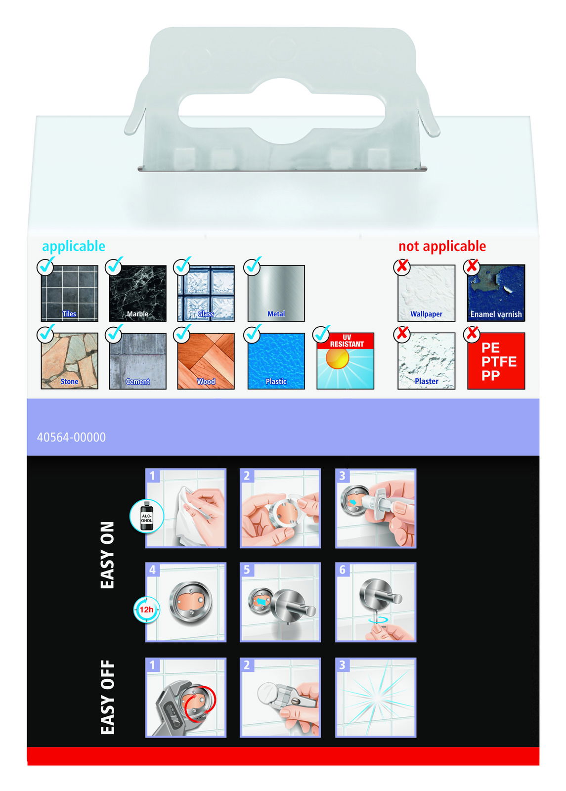 Verpackung des tesa MOON BLACK Bademantelhakens, Vorderansicht. Geeignet für Fliesen, Marmor, Glas, Metall, Stein, Zement, Holz und Kunststoff. Nicht geeignet für Tapeten, Emaille, PE, PTFE, PP und Putz. Einfache Montage und Demontage ohne Bohren.