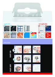 Verpackung des tesa MOON BLACK Bademantelhakens, Vorderansicht. Geeignet für Fliesen, Marmor, Glas, Metall, Stein, Zement, Holz und Kunststoff. Nicht geeignet für Tapeten, Emaille, PE, PTFE, PP und Putz. Einfache Montage und Demontage ohne Bohren.