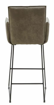 Rückansicht eines Barsessels mit olivgrünem Polster und schwarzem Metallgestell.