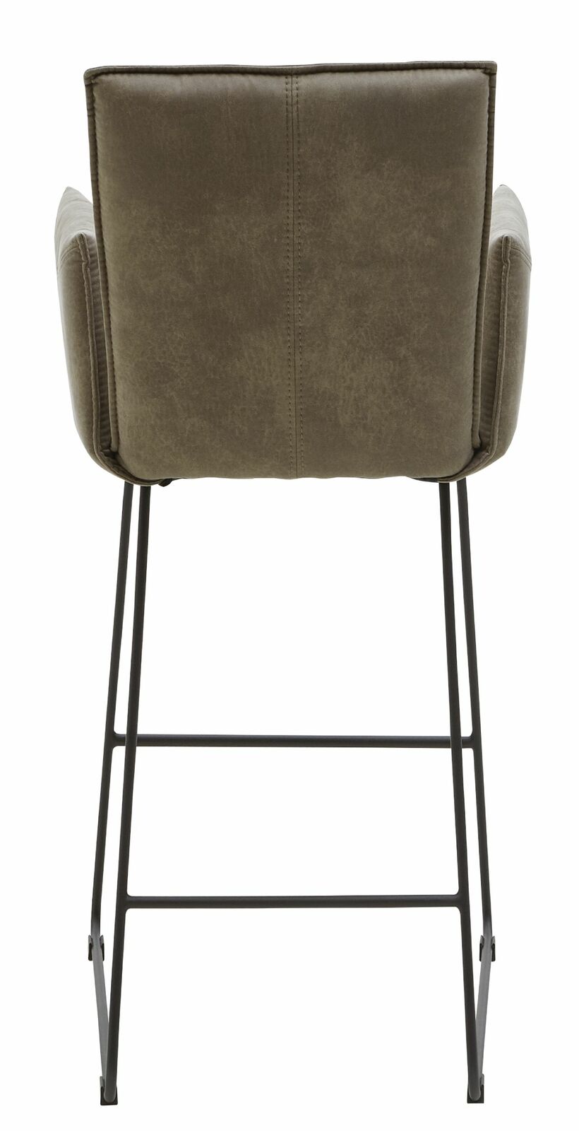 Rückansicht eines Barsessels mit olivgrünem Polster und schwarzem Metallgestell.