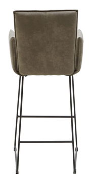 Rückansicht eines Barsessels mit olivgrünem Polster und schwarzem Metallgestell.