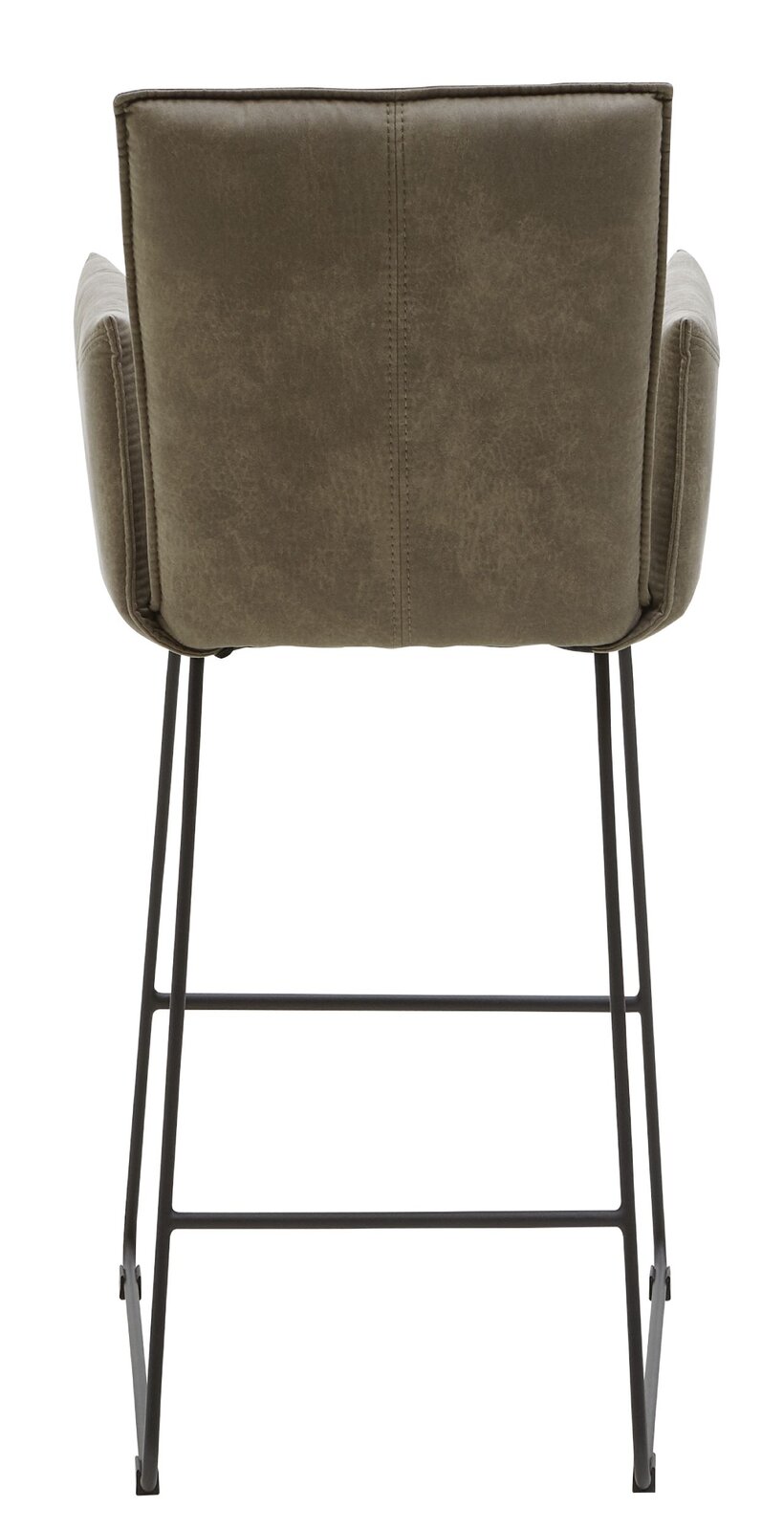 Rückansicht eines Barsessels mit olivgrünem Polster und schwarzem Metallgestell.