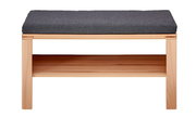 Holzbank mit grauem Polster und Ablagefach, Frontalansicht
