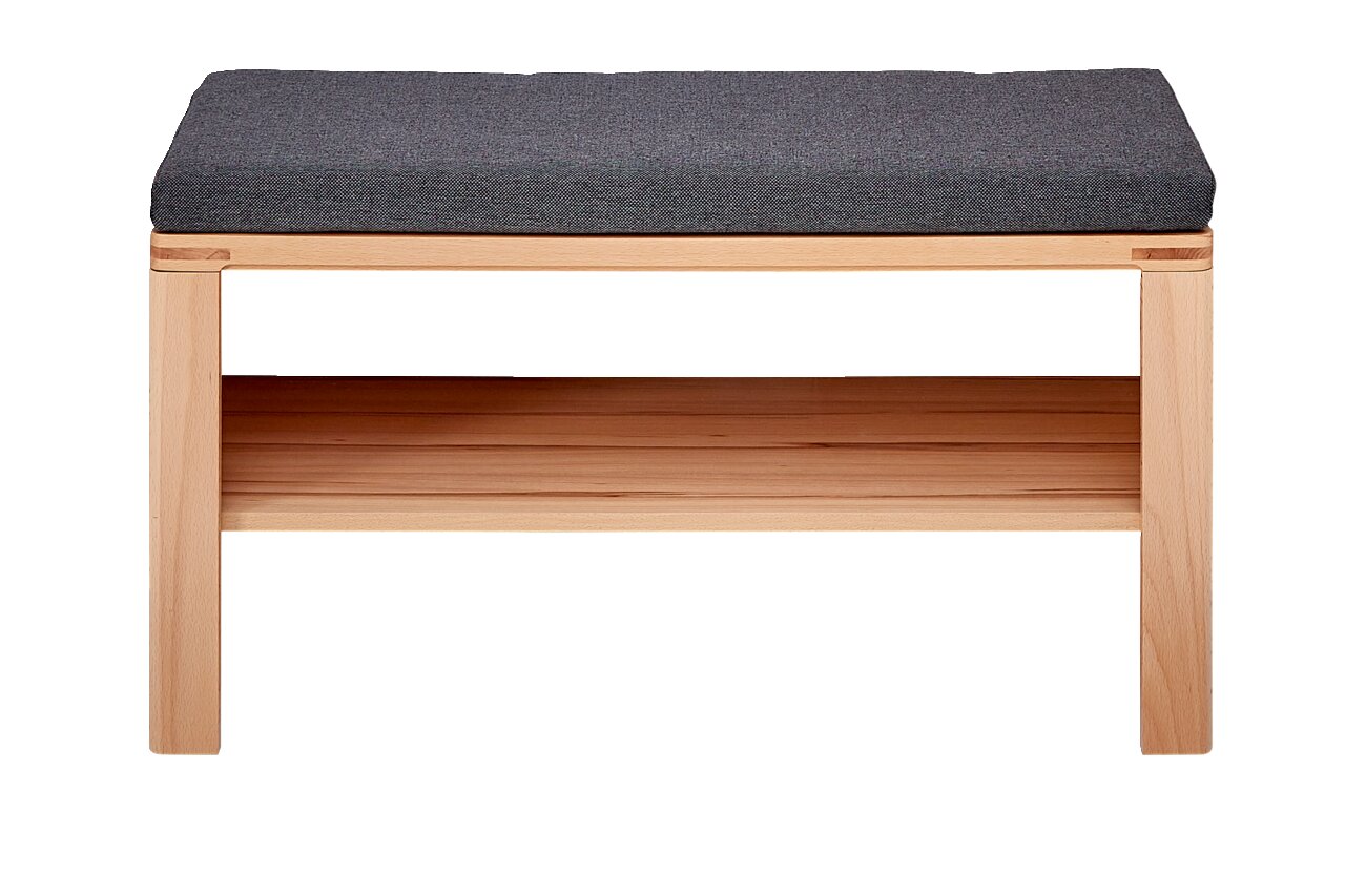 Holzbank mit grauem Polster und Ablagefach, Frontalansicht