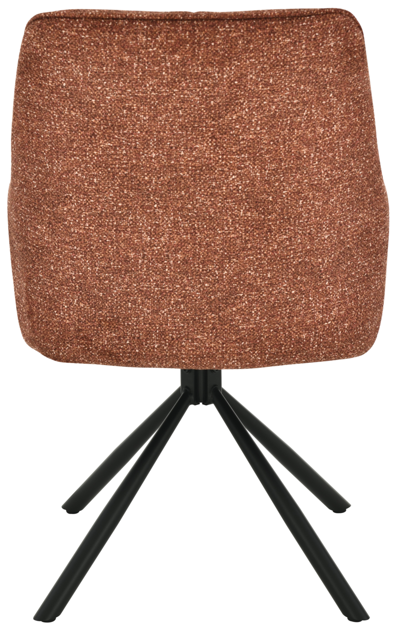 Rückansicht eines Armlehnstuhls mit braunem Stoffbezug und schwarzen Metallbeinen