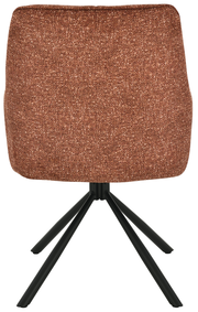 Rückansicht eines Armlehnstuhls mit braunem Stoffbezug und schwarzen Metallbeinen