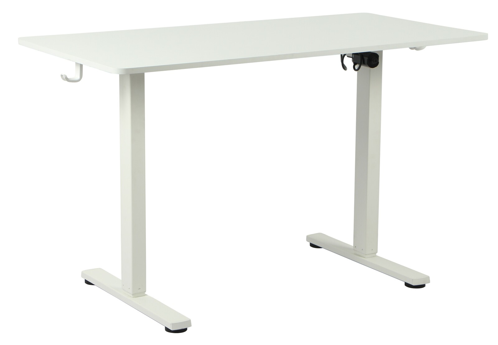 Weißer E-Schreibtisch mit Haken an der Seite, seitliche Perspektive