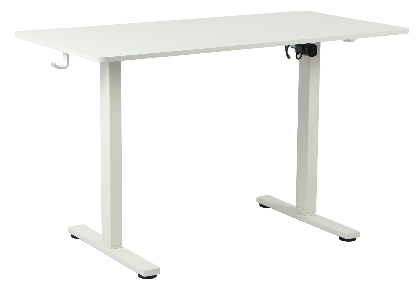 Weißer E-Schreibtisch mit Haken an der Seite, seitliche Perspektive