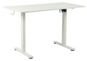 Weißer E-Schreibtisch mit Haken an der Seite, seitliche Perspektive