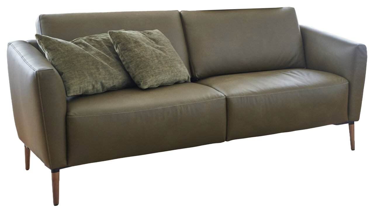 Zweiersofa in olivgrünem Leder mit zwei grünen Kissen, seitliche Perspektive