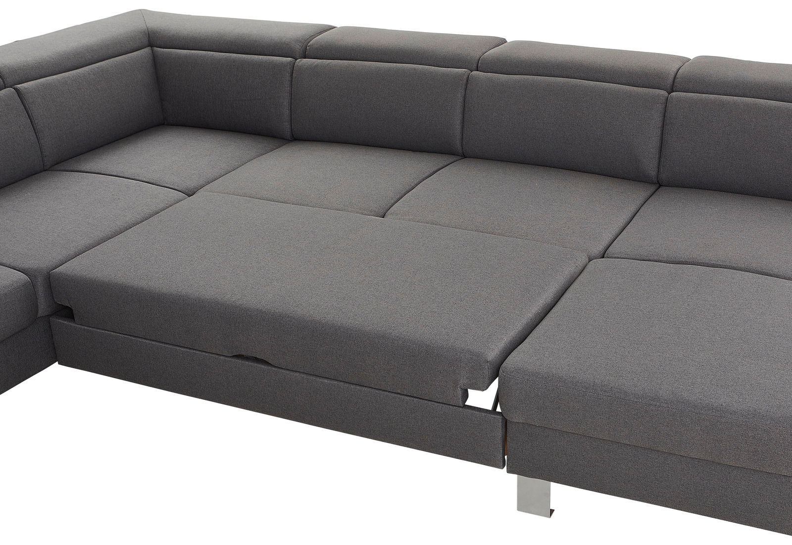 Graues Ecksofa in U-Form, Ansicht von oben, mit verstellbaren Sitzflächen und modernen Metallfüßen.
