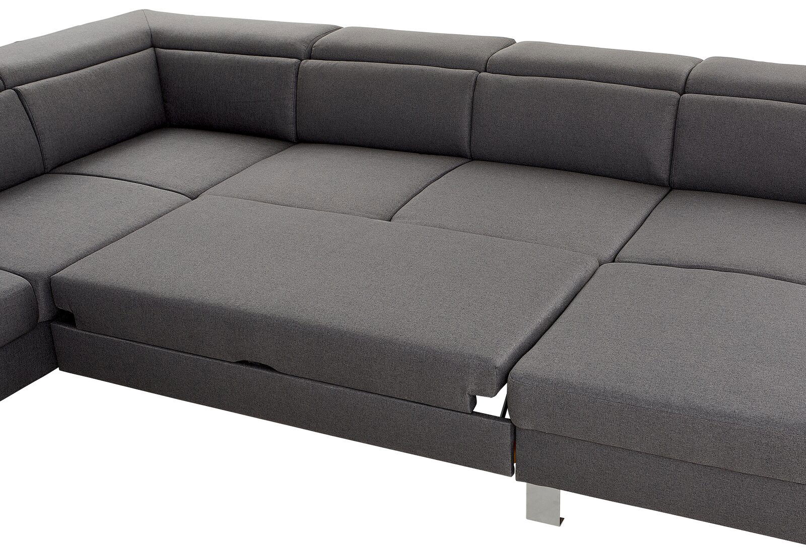 Graues Ecksofa in U-Form, Ansicht von oben, mit verstellbaren Sitzflächen und modernen Metallfüßen.