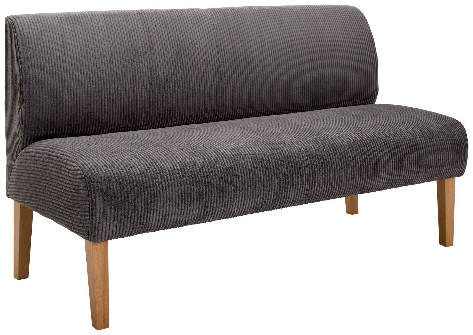 Graue Sitzbank FLORA mit Holzbeinen, seitliche Perspektive