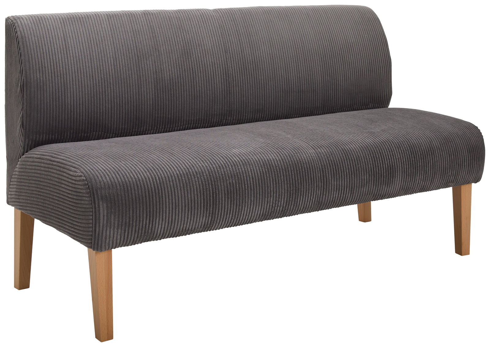 Graue Sitzbank FLORA mit Holzbeinen, seitliche Perspektive