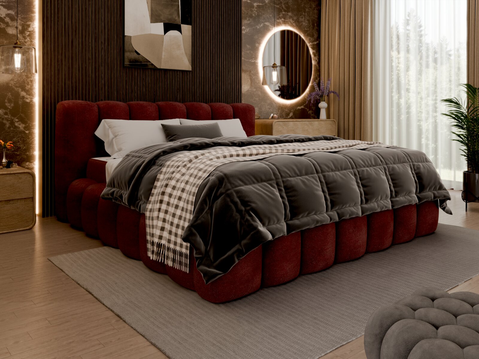 Novel Polsterbettgestell NOBO Luxuriöses Polsterbettgestell in Rot mit gestepptem Design, seitliche Perspektive, umgeben von eleganter Schlafzimmerdekoration.