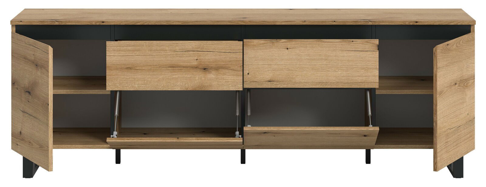 Lowboard aus Holz mit offenen Türen und Schubladen, frontale Ansicht