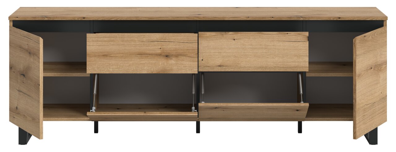 Lowboard aus Holz mit offenen Türen und Schubladen, frontale Ansicht