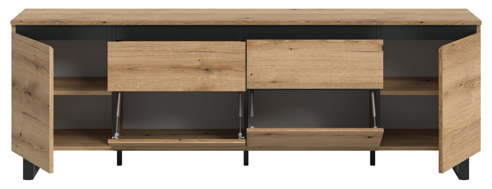 Lowboard aus Holz mit offenen Türen und Schubladen, frontale Ansicht