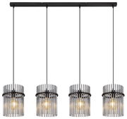 Moderne Hängeleuchte GORLEY mit vier zylindrischen Lampenschirmen aus Metallstäben, frontal betrachtet.