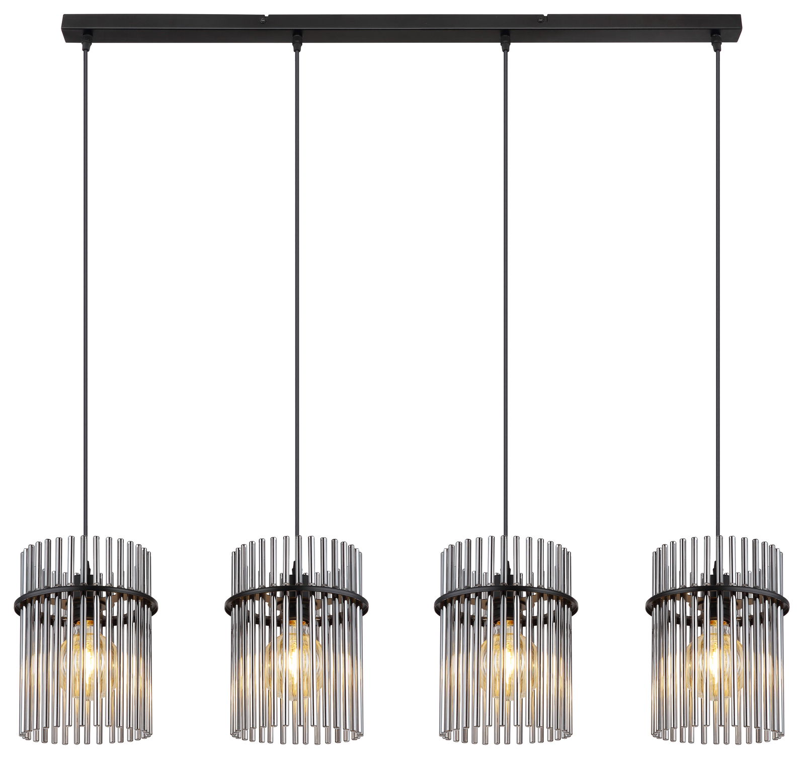 Moderne Hängeleuchte GORLEY mit vier zylindrischen Lampenschirmen aus Metallstäben, frontal betrachtet.