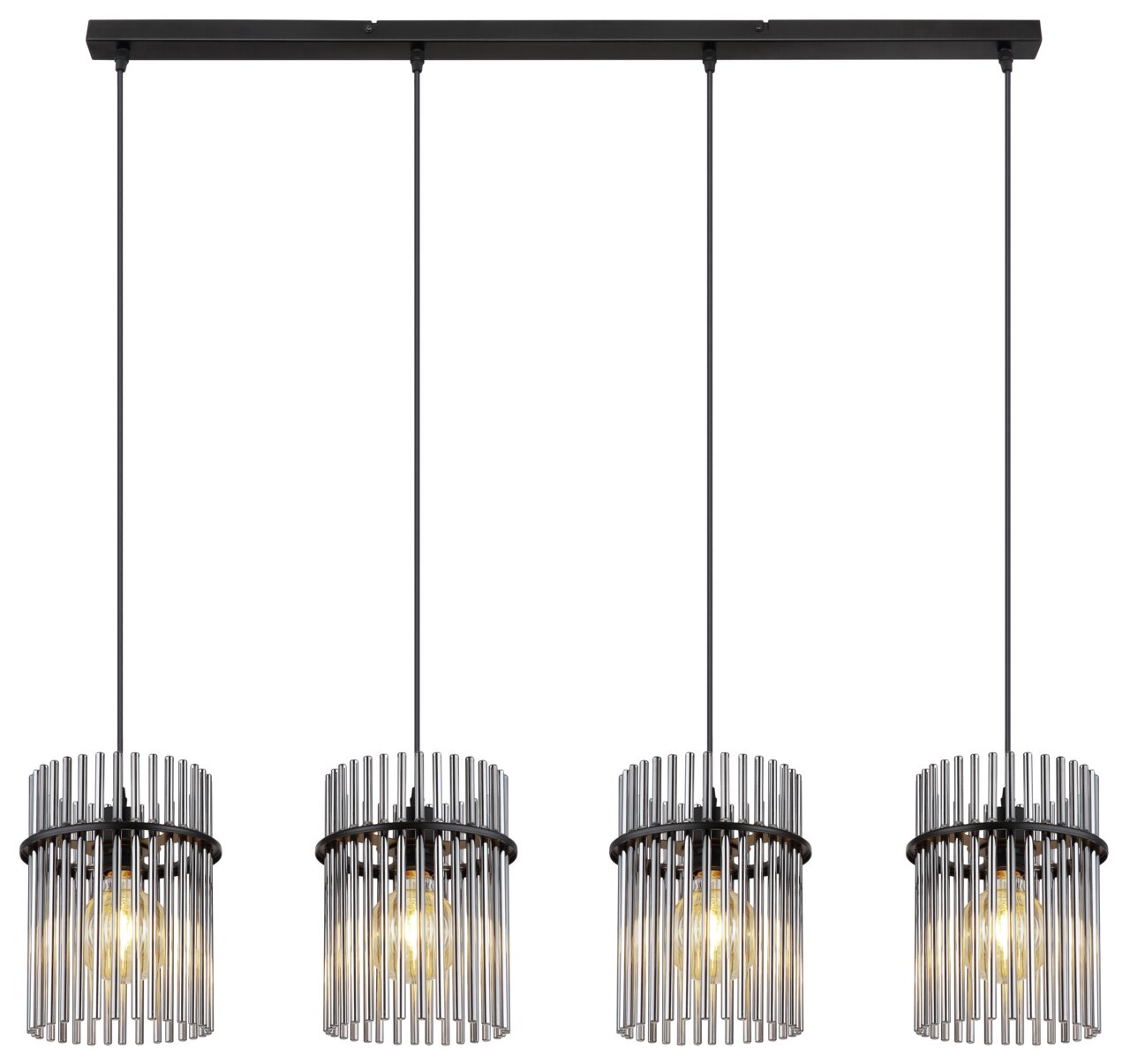 Moderne Hängeleuchte GORLEY mit vier zylindrischen Lampenschirmen aus Metallstäben, frontal betrachtet.