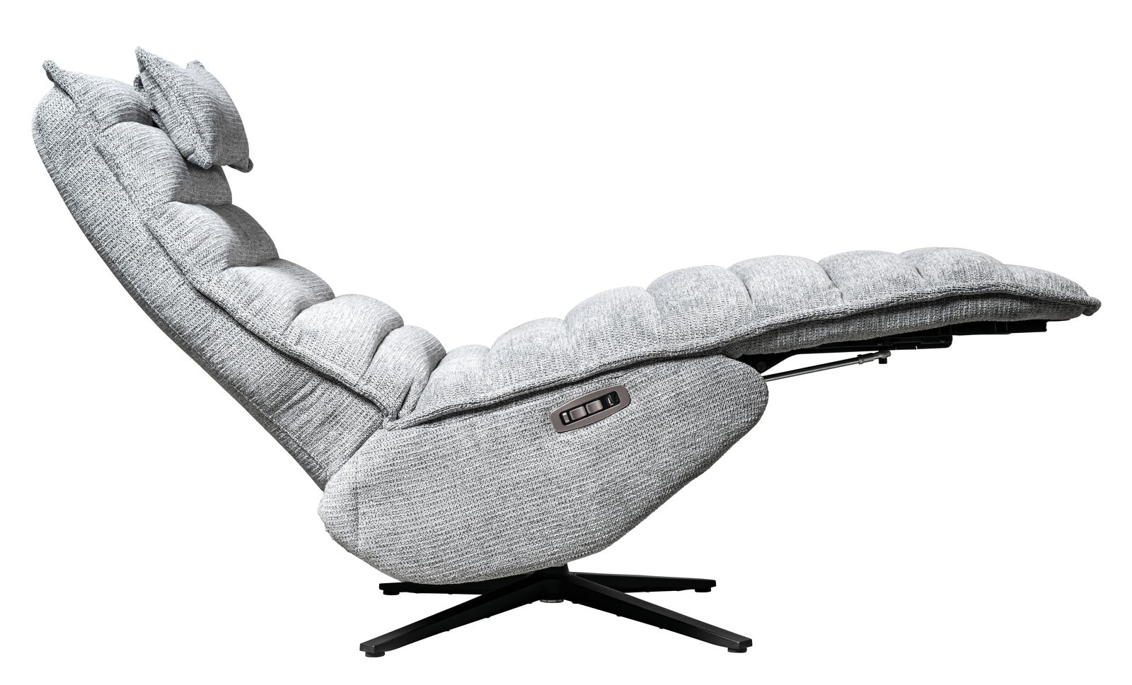 Seitliche Ansicht einer grauen Relaxliege mit verstellbarer Rückenlehne und gepolstertem Design.