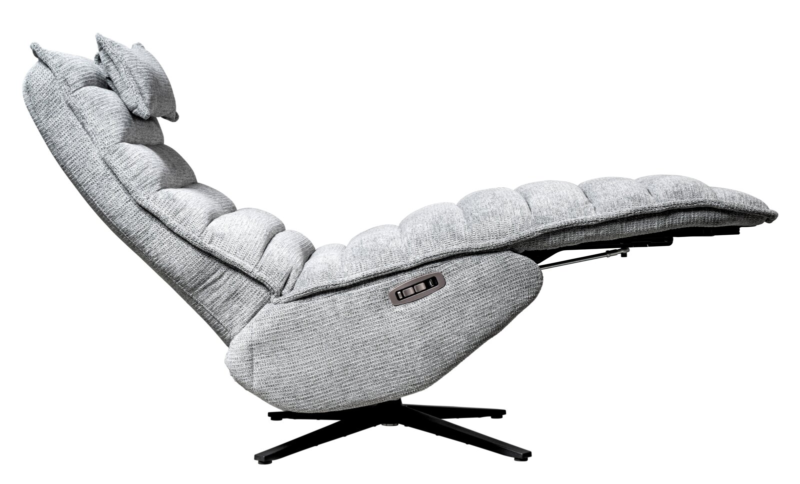 Zijaanzicht van een grijze relaxstoel met verstelbare rugleuning en gestoffeerde bekleding.