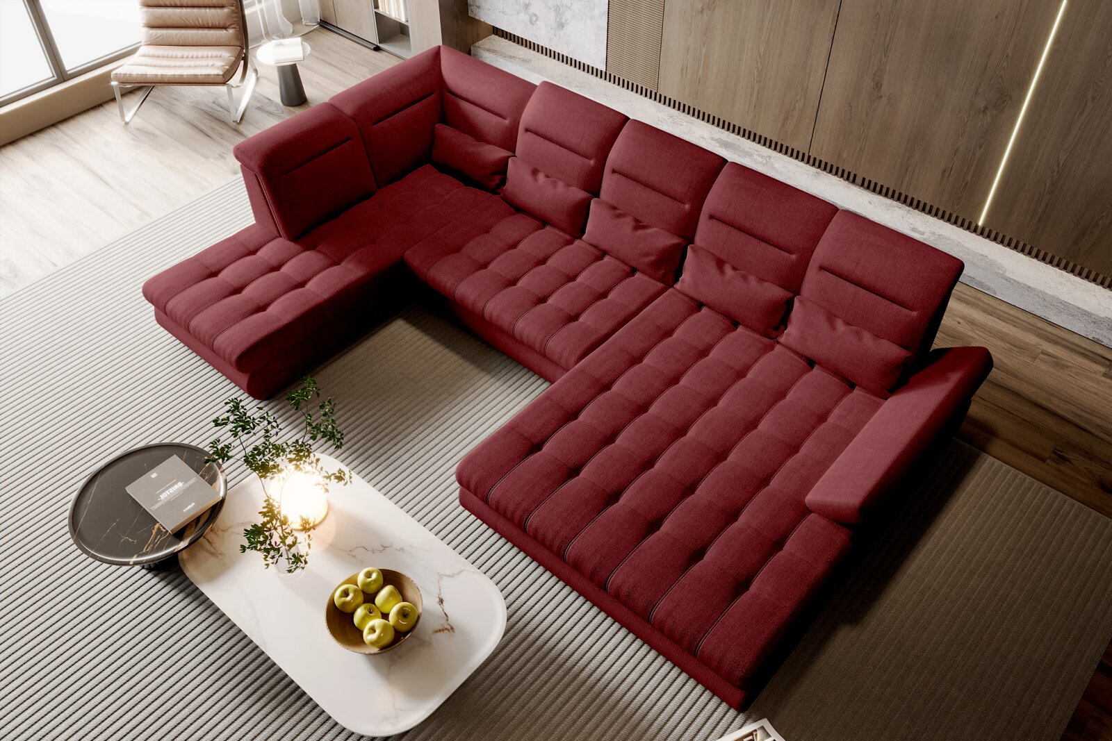 Z2 Wohnlandschaft NOAH Bordeauxrotes, modernes U-förmiges Ecksofa mit gesteppten Sitzflächen und verstellbaren Rückenlehnen im Wohnzimmer, Ansicht schräg von oben.