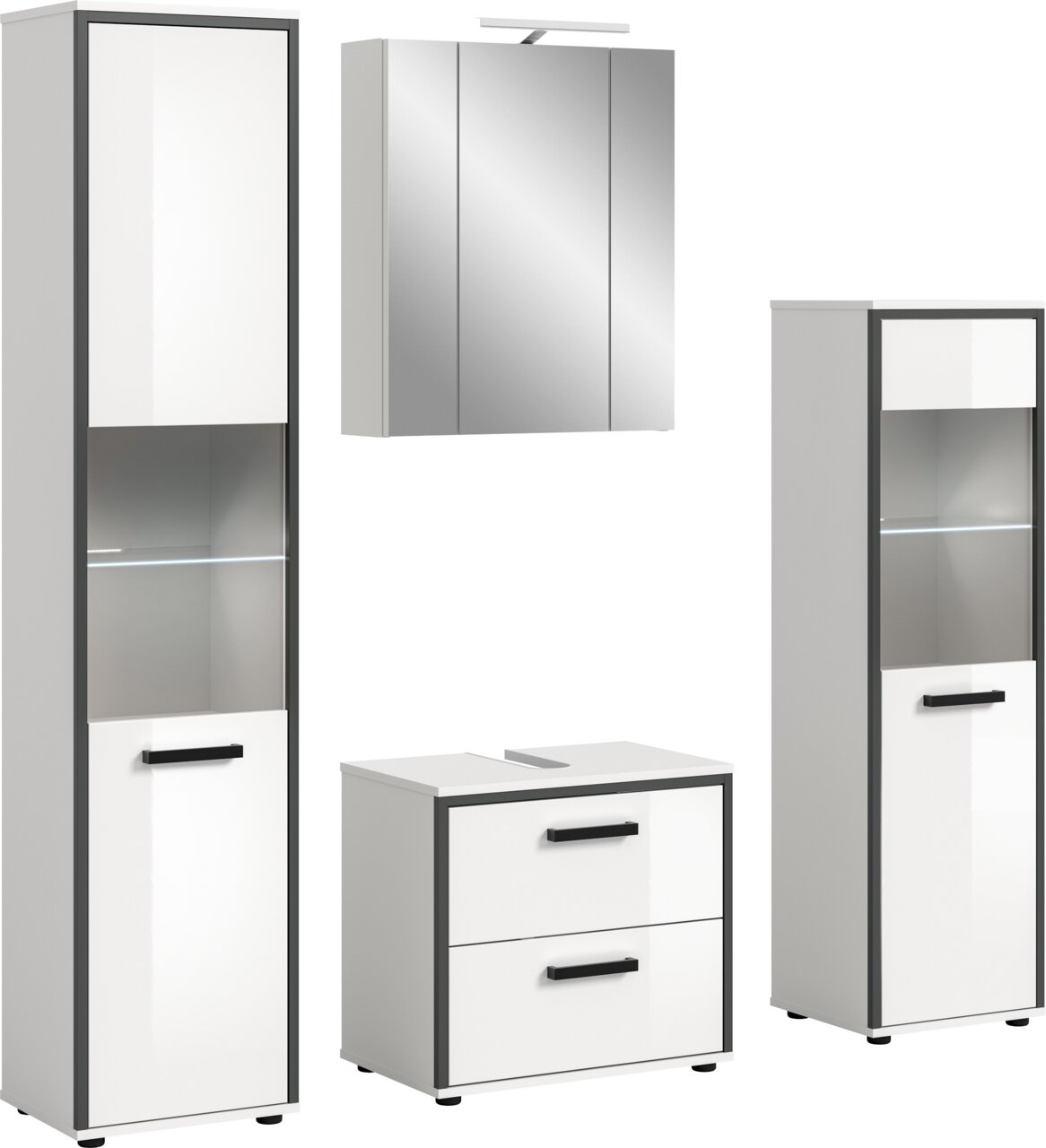 Modernes Badmöbel-Set in Weiß mit anthrazitfarbenem Rahmen: zwei Hochschränke mit Glaseinsatz und LED-Beleuchtung, Waschtischunterschrank mit zwei Schubladen und Spiegelschrank mit Leuchte, freigestellte Frontansicht.