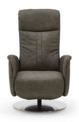 Frontansicht eines modernen Relaxsessels in dunklem Leder mit runder Metallbasis.