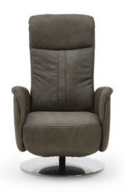 Vooraanzicht van een moderne relaxfauteuil van donker leer met een rond metalen onderstel.