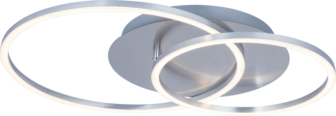 Moderne LED-Deckenleuchte mit zwei ineinander verschlungenen, leuchtenden Ringen aus silbernem Metall, seitliche Perspektive.
