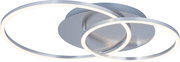 Moderne LED-Deckenleuchte mit zwei ineinander verschlungenen, leuchtenden Ringen aus silbernem Metall, seitliche Perspektive.