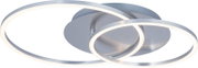 Moderne LED-Deckenleuchte mit zwei ineinander verschlungenen, leuchtenden Ringen aus silbernem Metall, seitliche Perspektive.