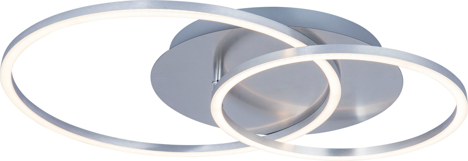 Moderne LED-Deckenleuchte mit zwei ineinander verschlungenen, leuchtenden Ringen aus silbernem Metall, seitliche Perspektive.