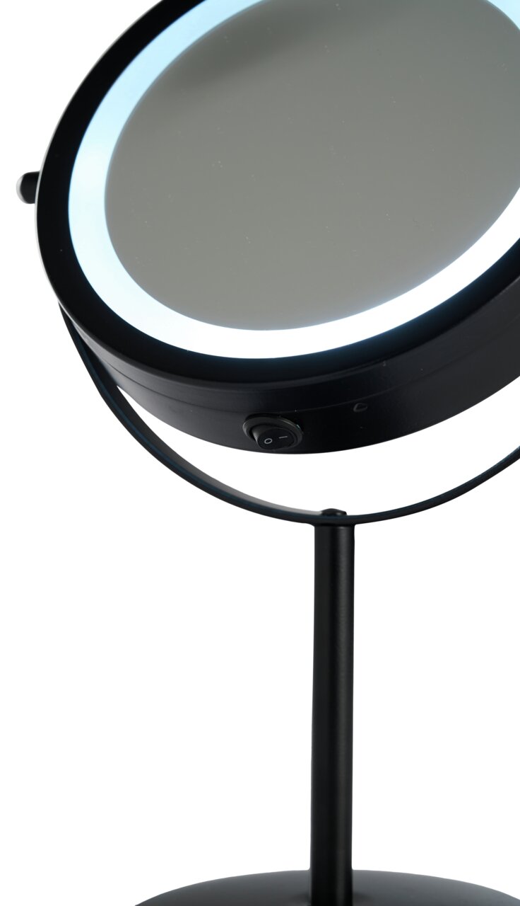 Schminkspiegel mit Beleuchtung, seitliche Perspektive, zeigt den runden Spiegel mit LED-Lichtern und einem Ein-/Ausschalter.