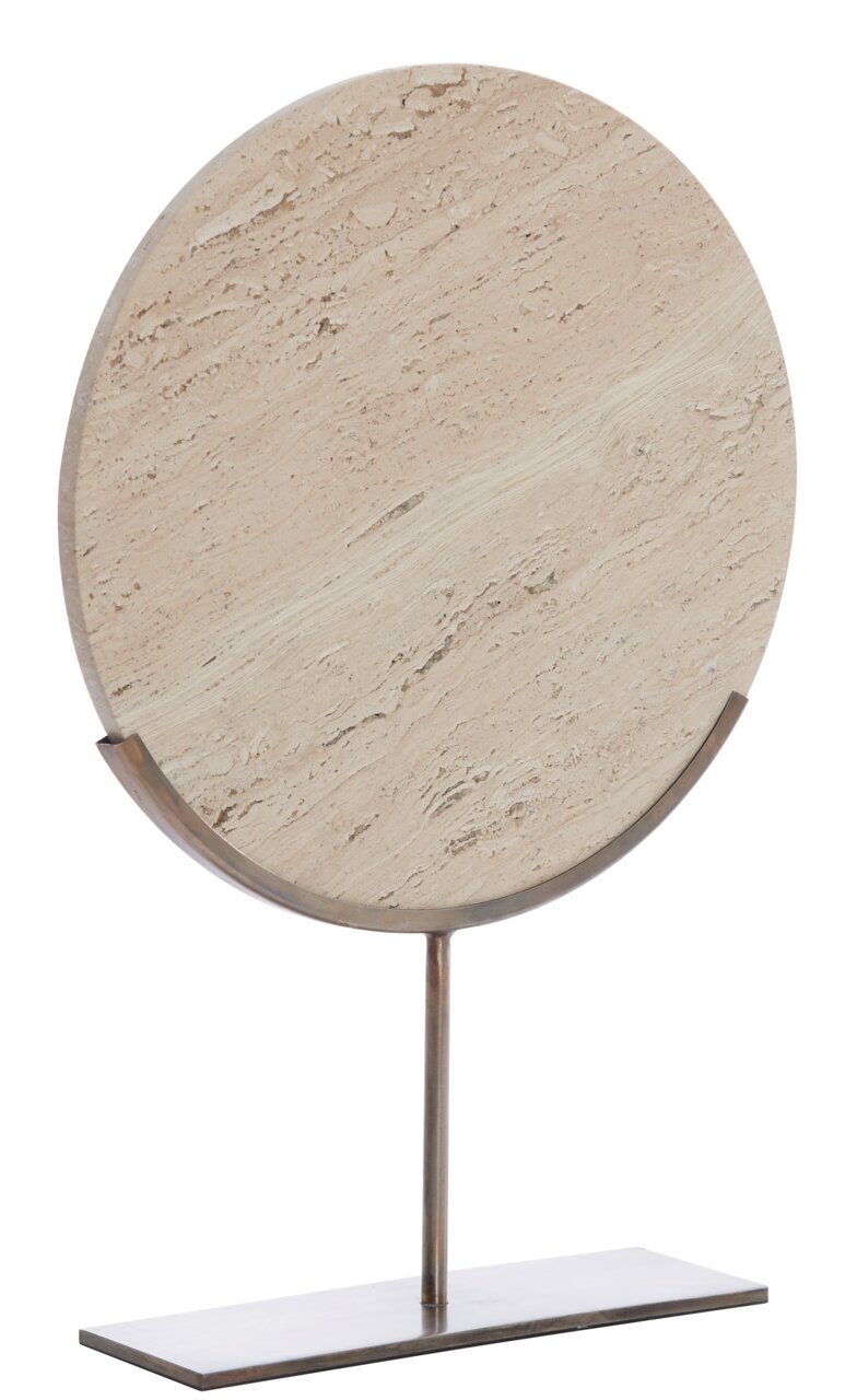 Rundes Ornament aus hellem Stein auf einem Metallständer, seitliche Perspektive