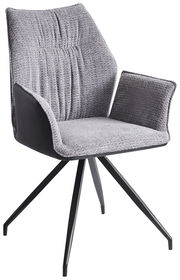 Grauer Armlehnstuhl mit gepolstertem Sitz und Rückenlehne, schwarzem Metallgestell, seitliche Perspektive